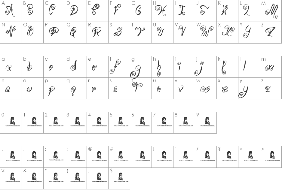 Swirly Shirley font character map preview