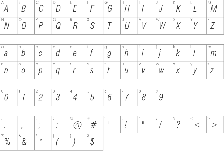 Swis721 LtCn BT font character map preview