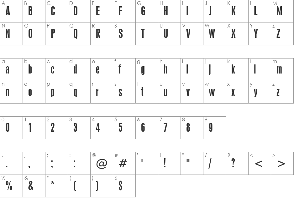 Swiss924 BT font character map preview