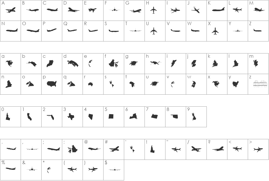 T-Air font character map preview