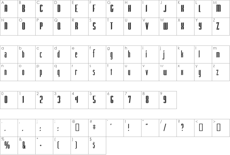 Taber font character map preview