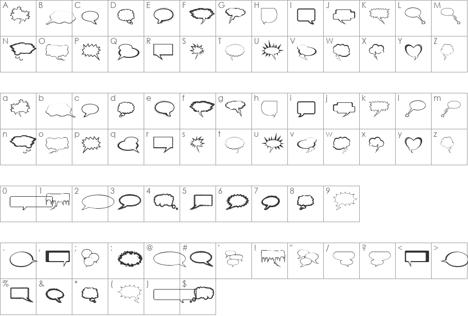 Talkies font character map preview