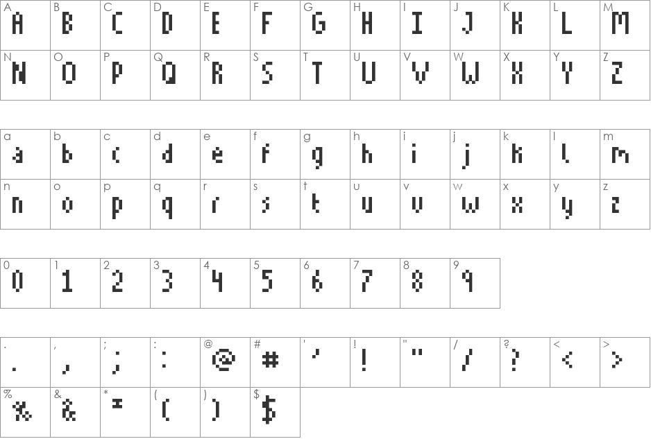 Tall and Skinny font character map preview