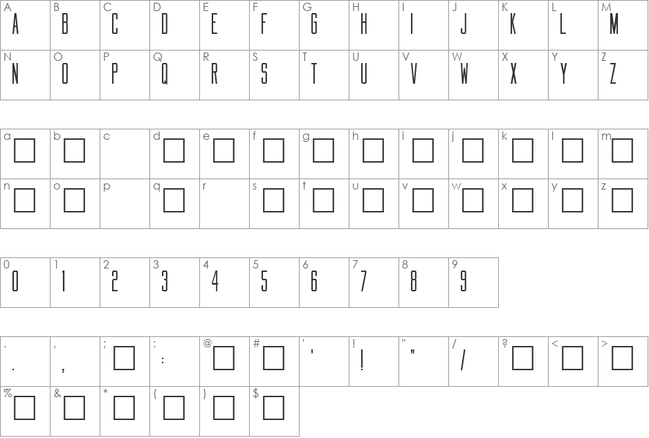 Tall Boy Caps font character map preview