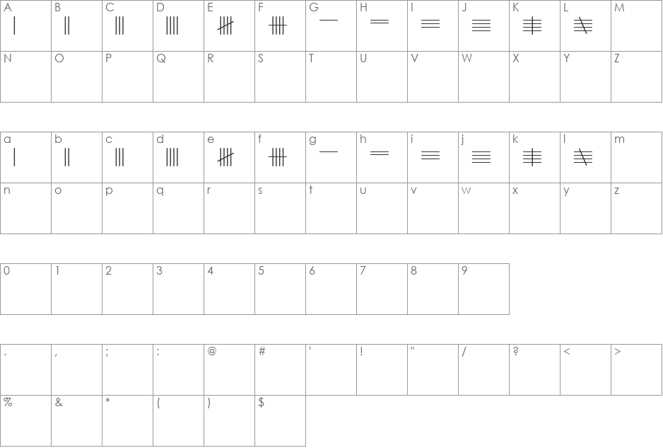 Tally Mark font character map preview