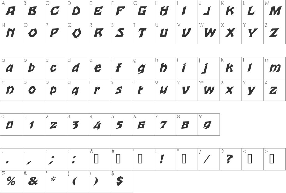 Talon font character map preview