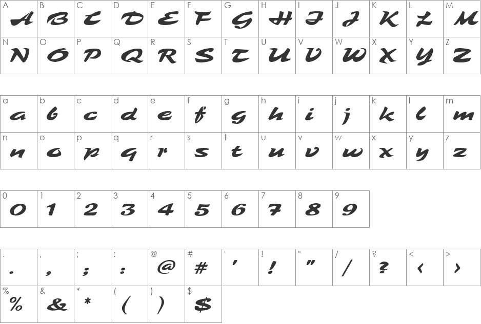 Tambo font character map preview