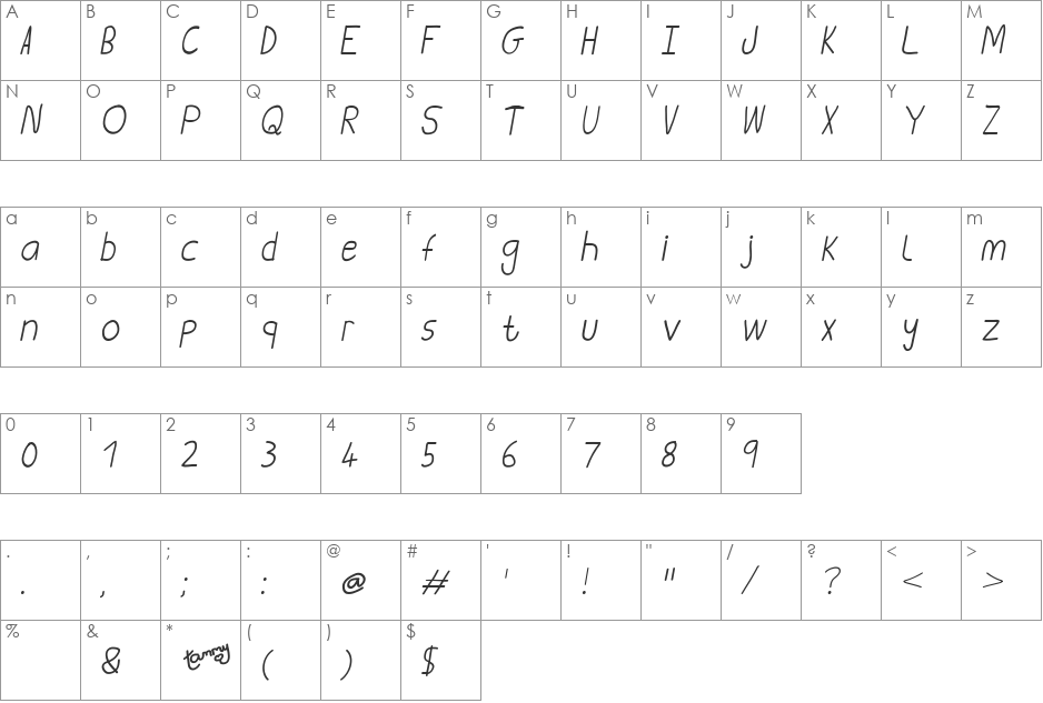 Tammy font character map preview