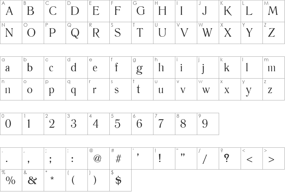 Tancred font character map preview