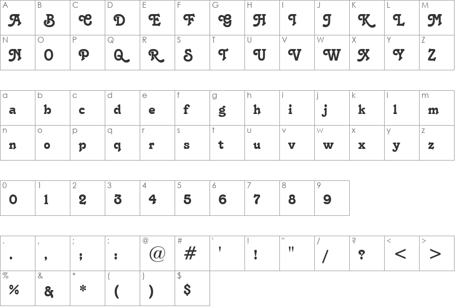 Tango BT font character map preview