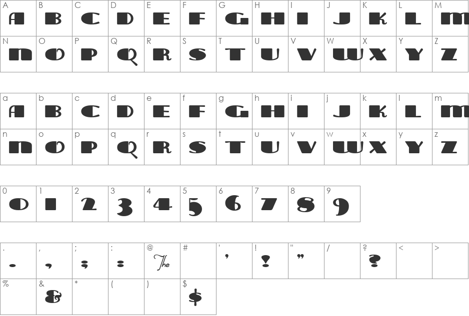 Tara Bulbous Capital font character map preview