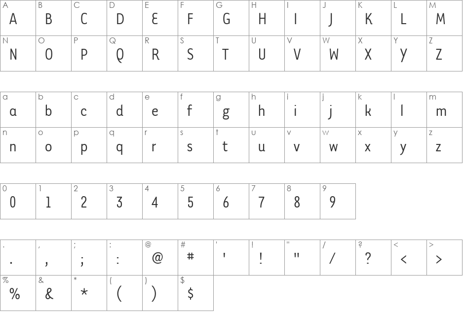 Tarzana-Narrow font character map preview