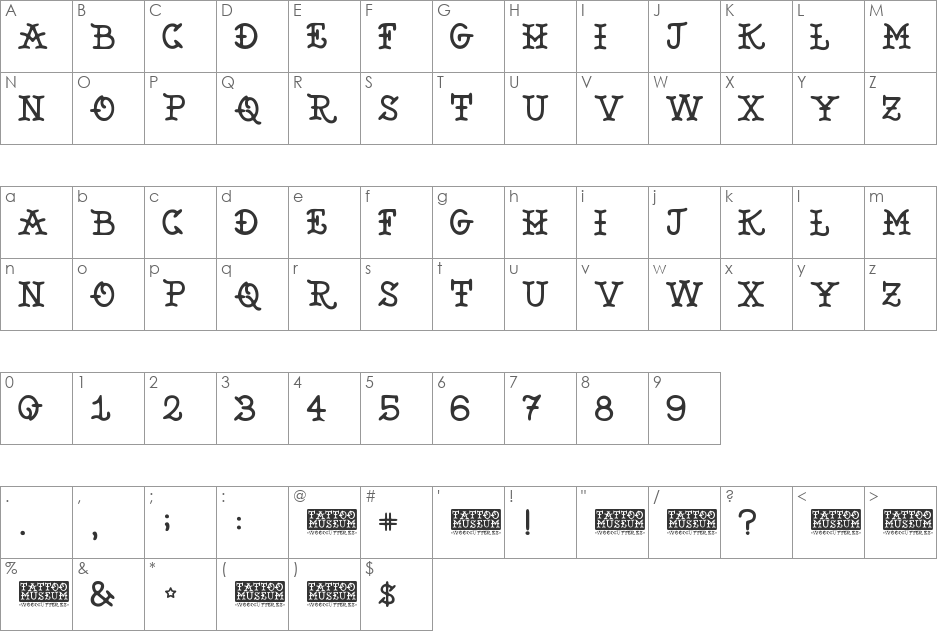Tattoo Museum font character map preview