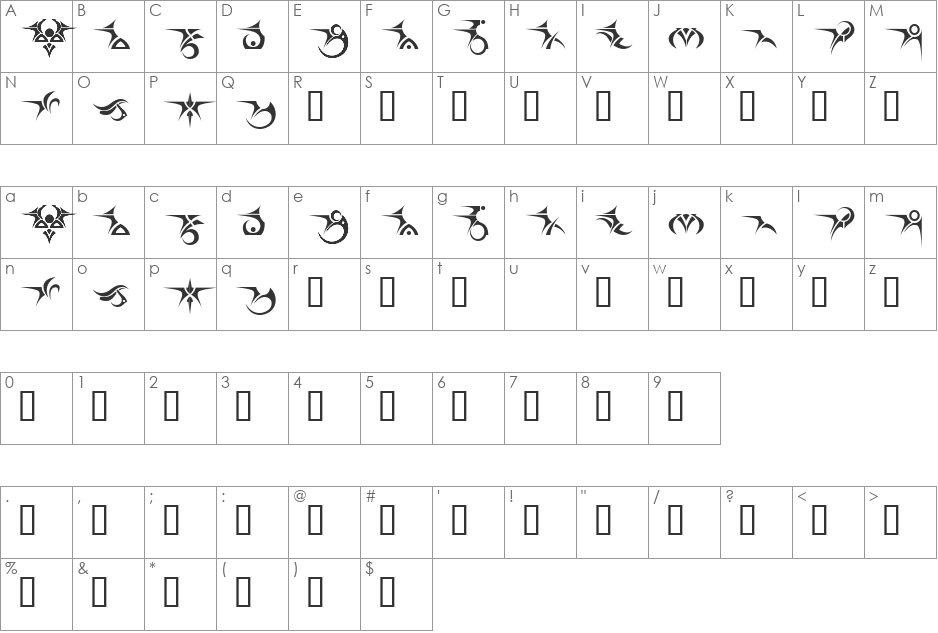 Tattooz font character map preview
