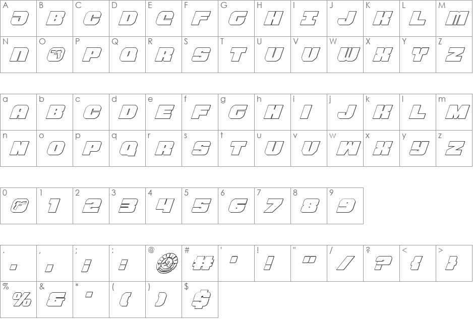 Tauro 3D Italic font character map preview