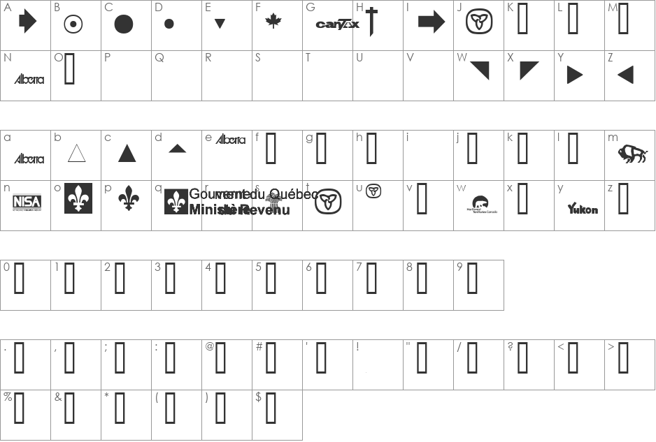 Tax Fonts font character map preview