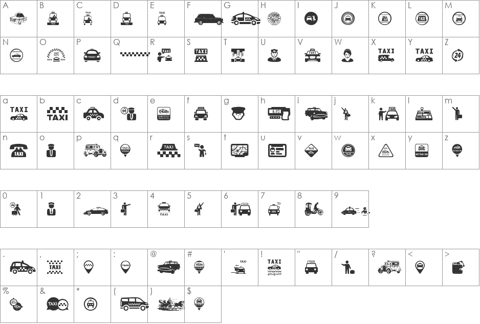 Taxi font character map preview