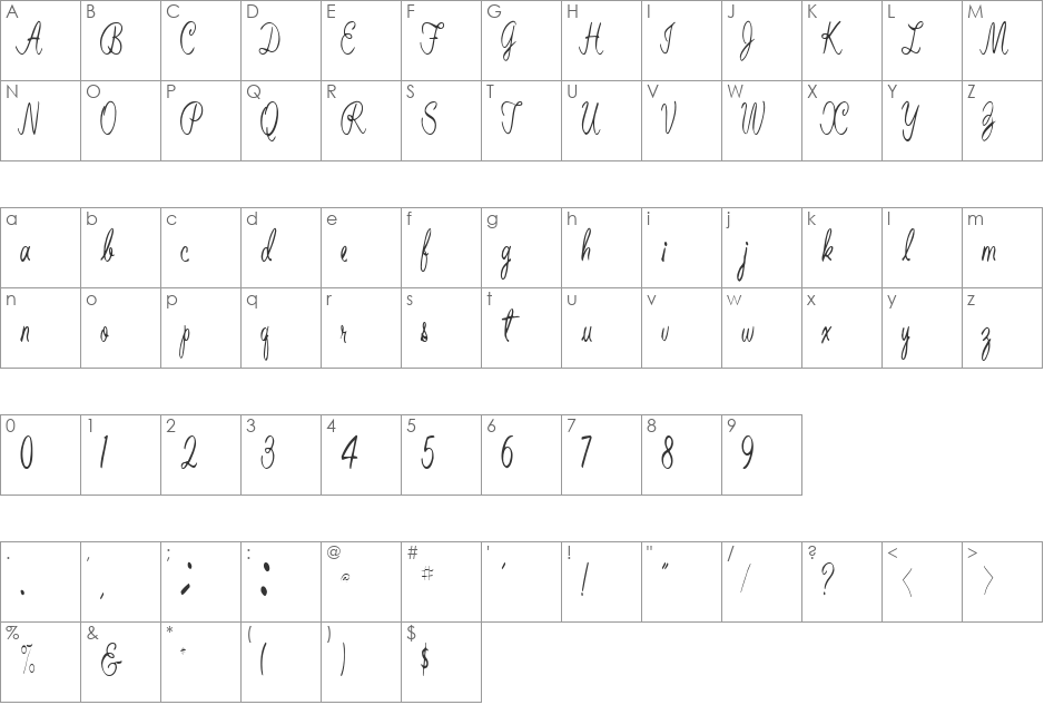 Belinda font character map preview