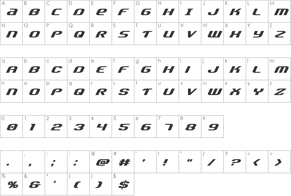 Team America Straight font character map preview