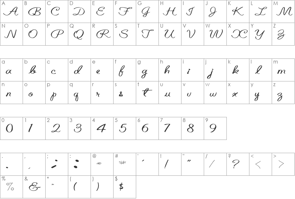 BelindaType67 font character map preview