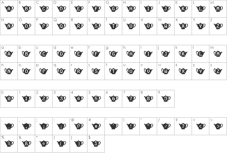 Teapot font character map preview