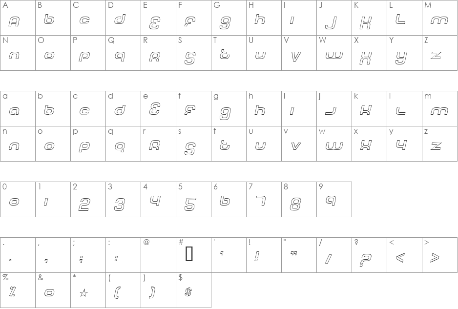 Tech Font Outline font character map preview