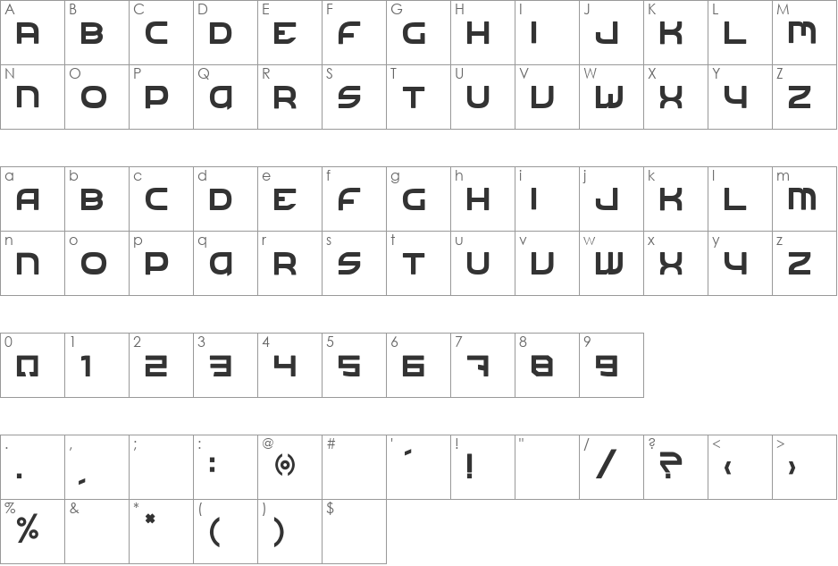Technical Forest font character map preview