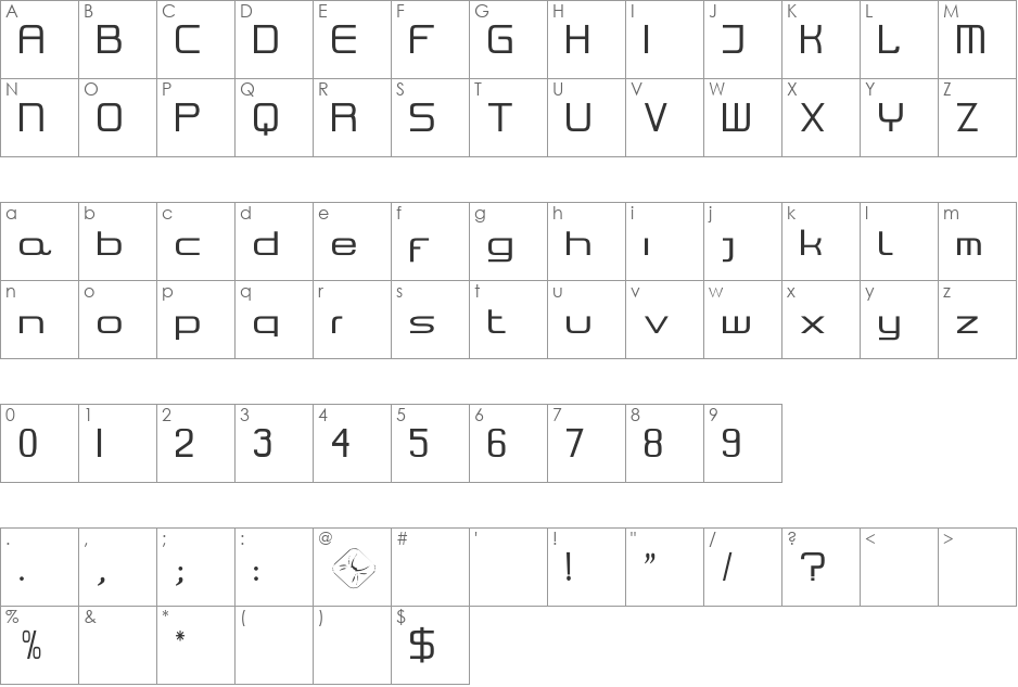 Techno font character map preview