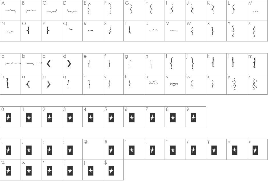 Bella K. Brackets font character map preview