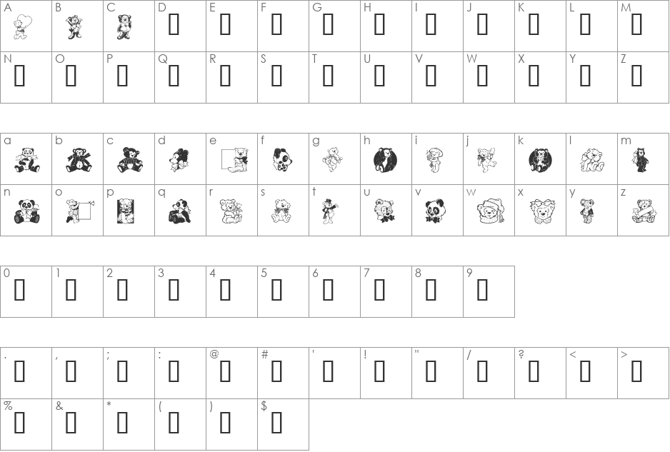 Teddies font character map preview