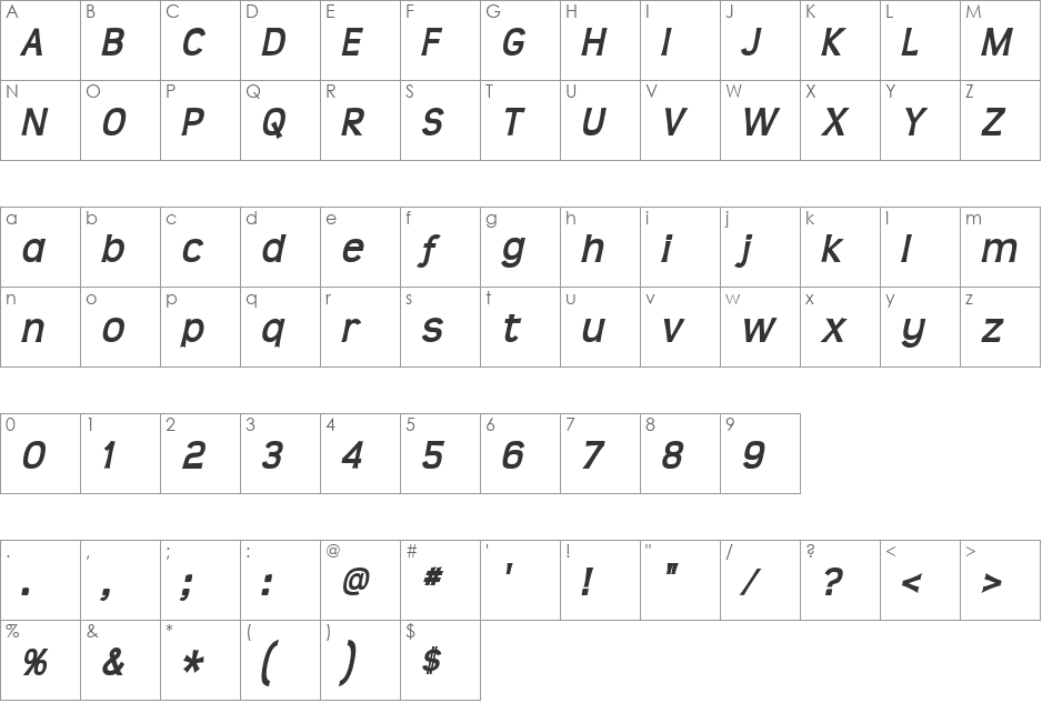 Teen font character map preview