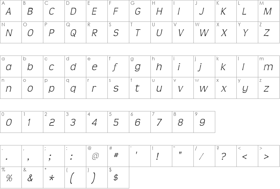 Teen Light font character map preview