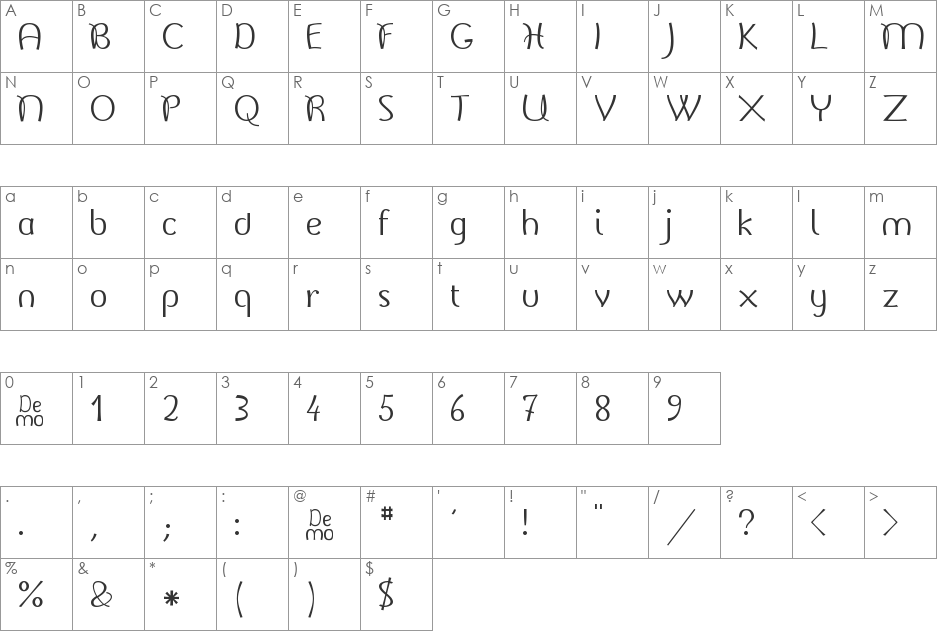 Belladone font character map preview